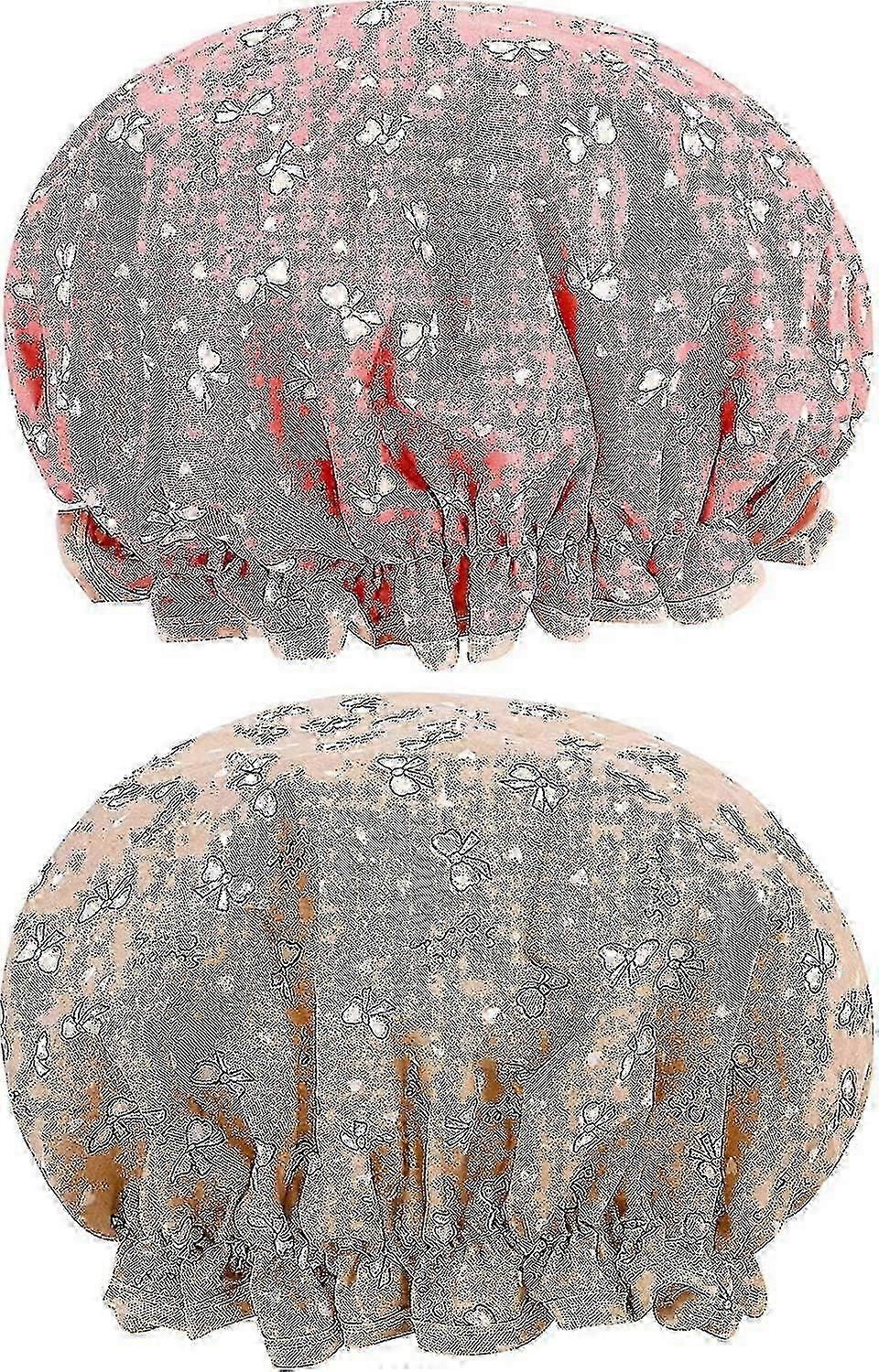 2 Pack Double Layers Shower Caps Waterproof Shower With Ruffled Edge Covering