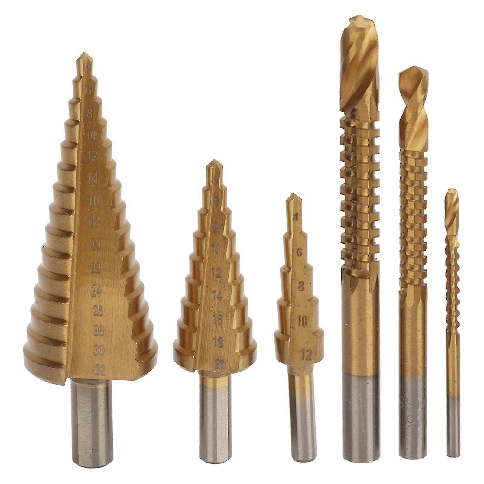 6PCS Step Drill Bit Set Steel Twist and Spiral Step Drill Bit Kit with Triangular Shank for DIY Sheet Aluminum Metal Wood Hole Drilling
