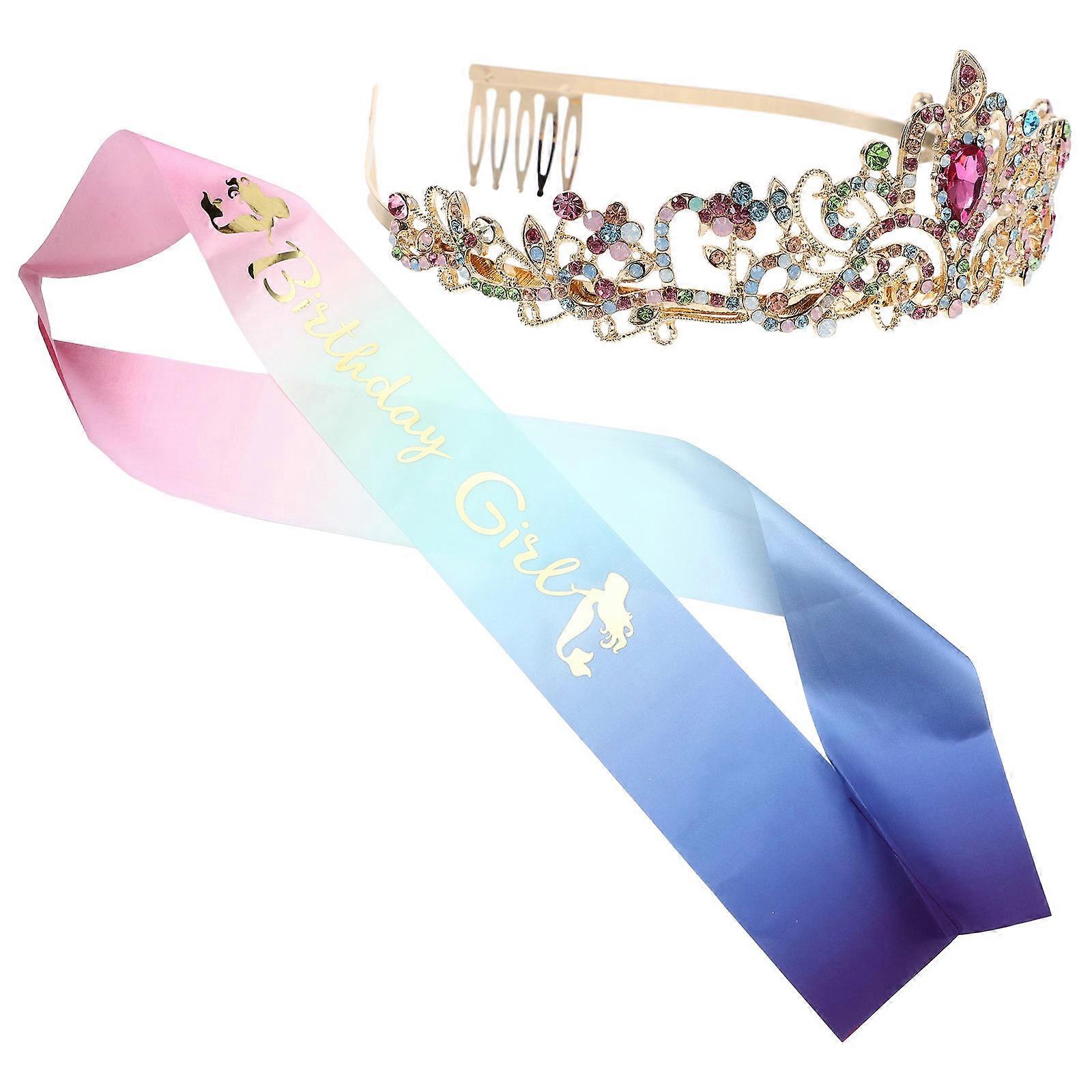 Anniversary Wearing Crown Sash Set Assorted Color Metal Fabric 14x13cm 1Set