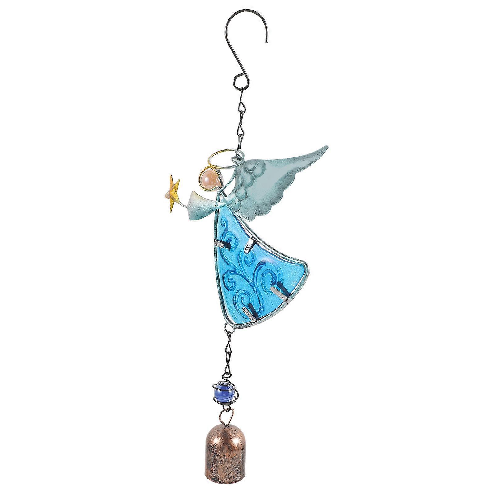 Angel Wind Chime with Blue Glass and Iron Craftsmanship for Outdoor Decoration Yard Garden 1pc