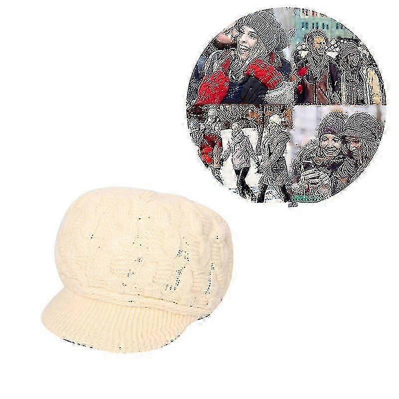 Women's Knitted Beanie Hat with Visor, Warm Winter Ski Beret Cap