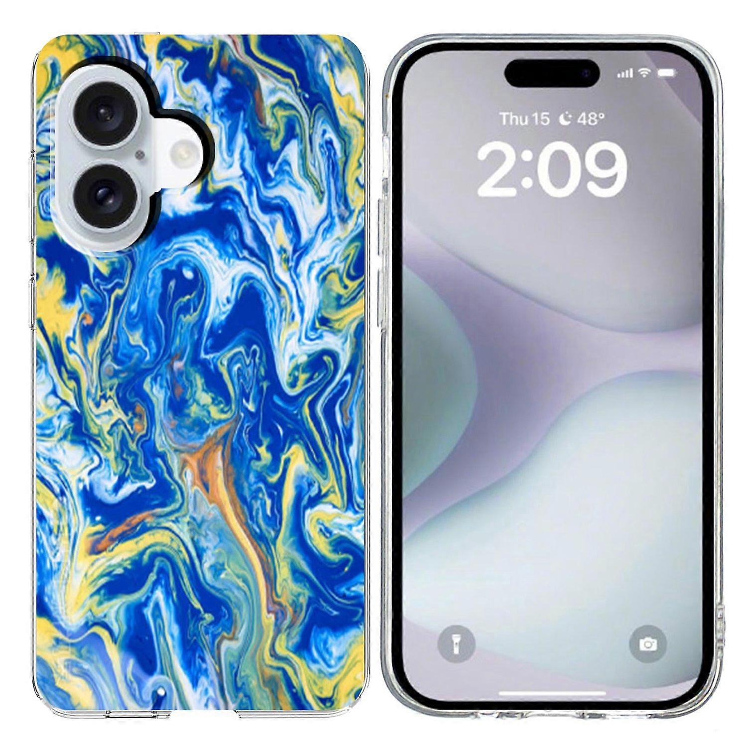 For iPhone 16 Case Marble Pattern Printing Soft TPU Phone Cover - Sky Blue