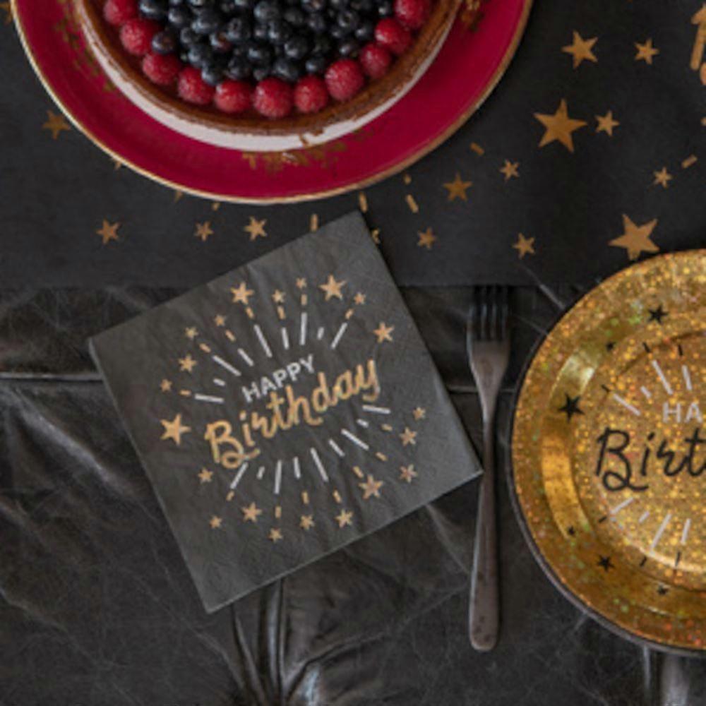 Black and Gold Sparkling Happy Birthday Napkins