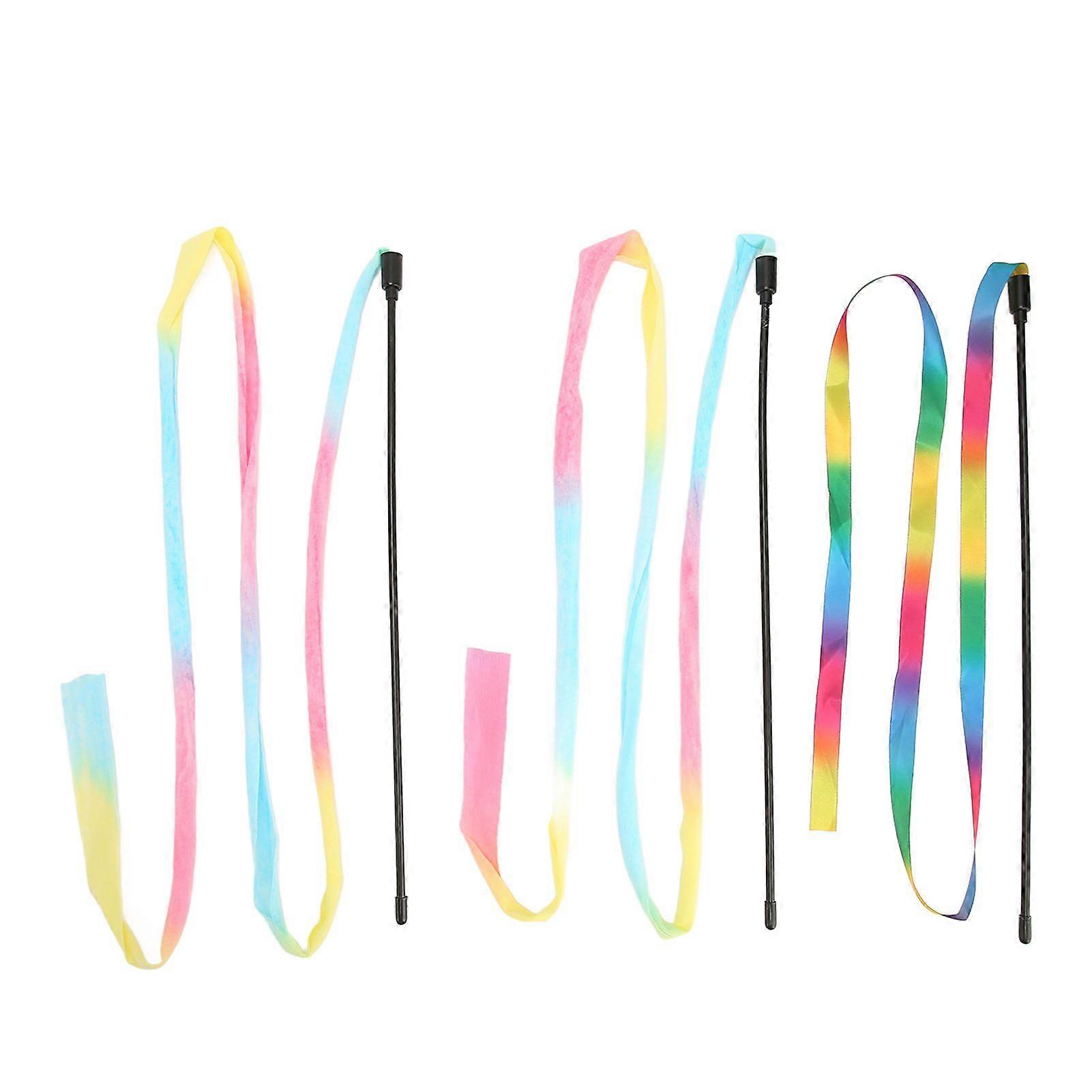 Ribbon Cat Wand Colorful Boredom Relief Funny Interactive Cat String Stick Toy for Kittens 3pcs