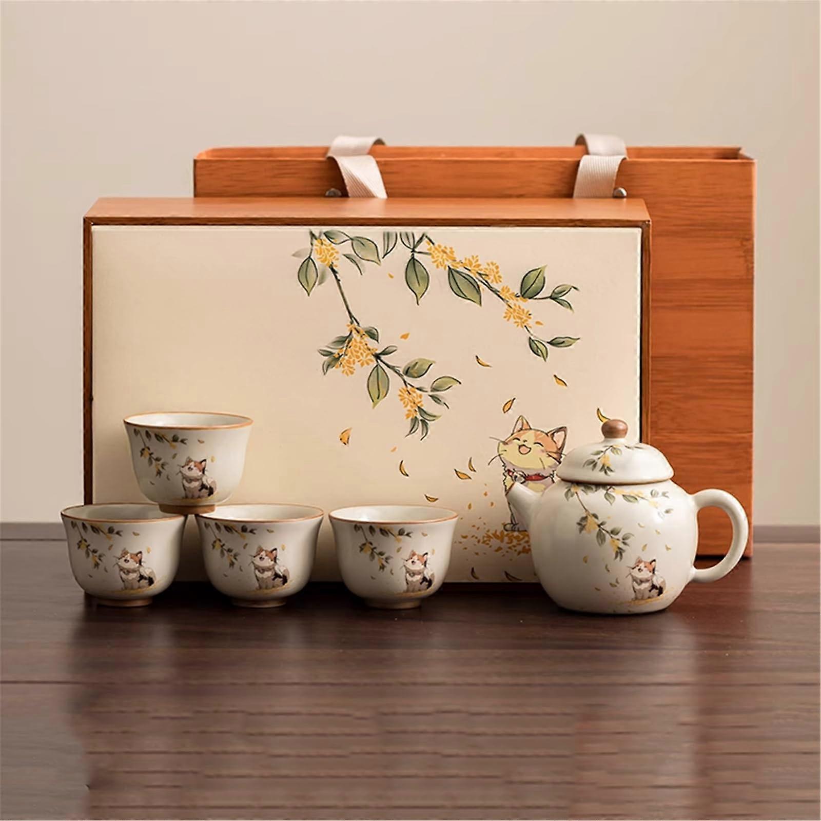 Ru Kiln Kung Fu Tea Set With Dry Tray 1 Teapot 4 Cups Home Brewing Kit