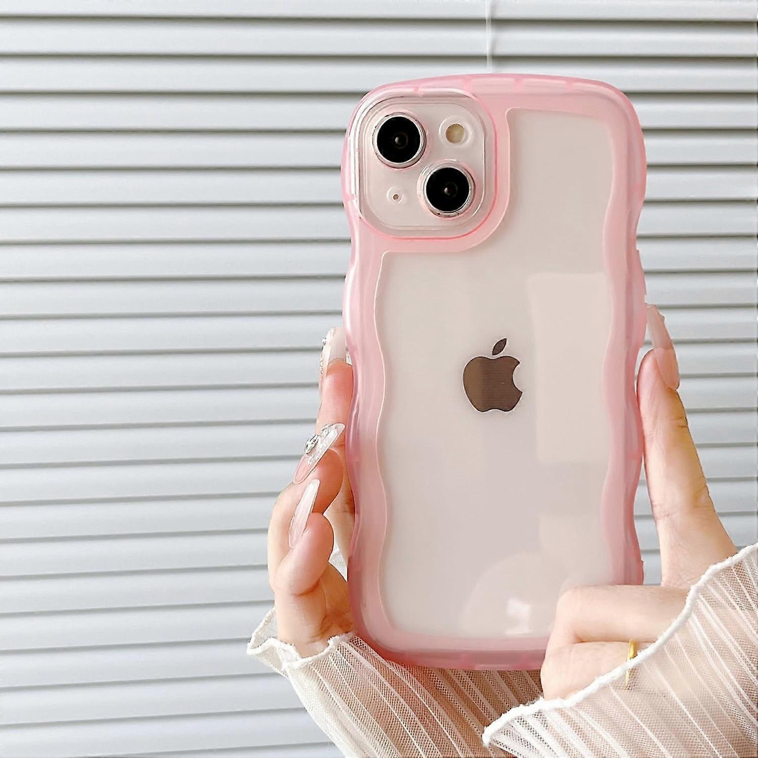 Compatible with iPhone 13 Case, Transparent Clear Pink Curly Wave Frame Soft Silicone Shockproof TPU Protective Case