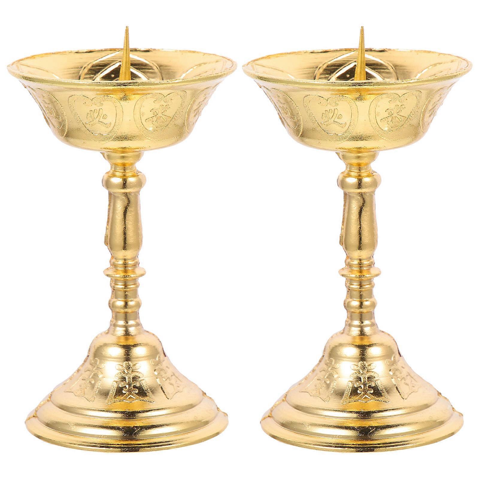 Alloy Candleholder Lotus-Pattern Temple Use Golden Material Support 2Pcs