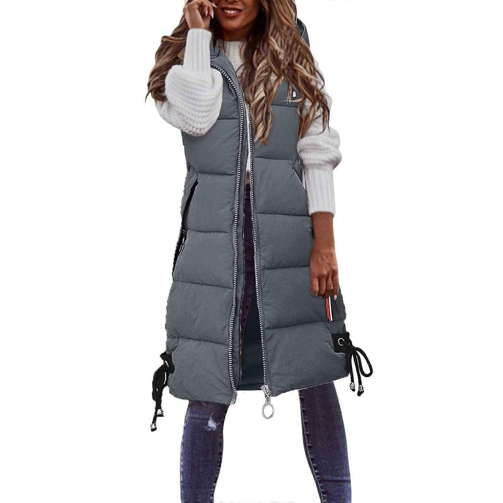 Women's down vest long sleeveless jacket down packable hooded lightweight coat  Gray L