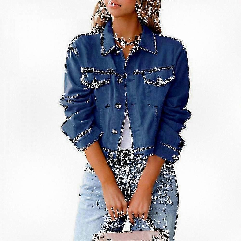 Stylish Stretch Fitted Denim Jacket for Women with Long Sleeves and Button Front