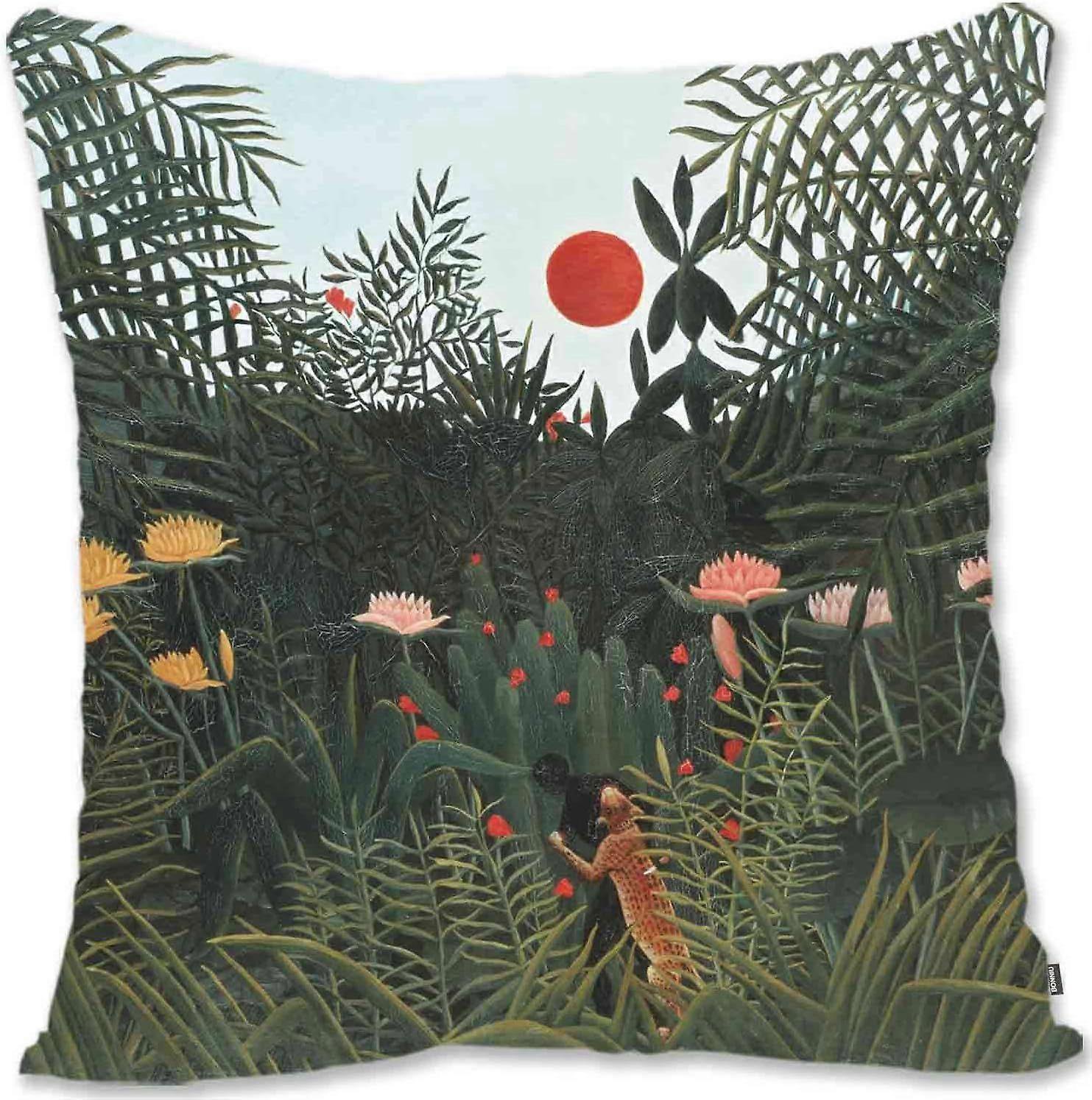h346装飾的なスロー枕カバー身廊アートアート - ルソー - 父ジュニエのCarrioleHR-夕日の原生林HR(A1-914)lm346