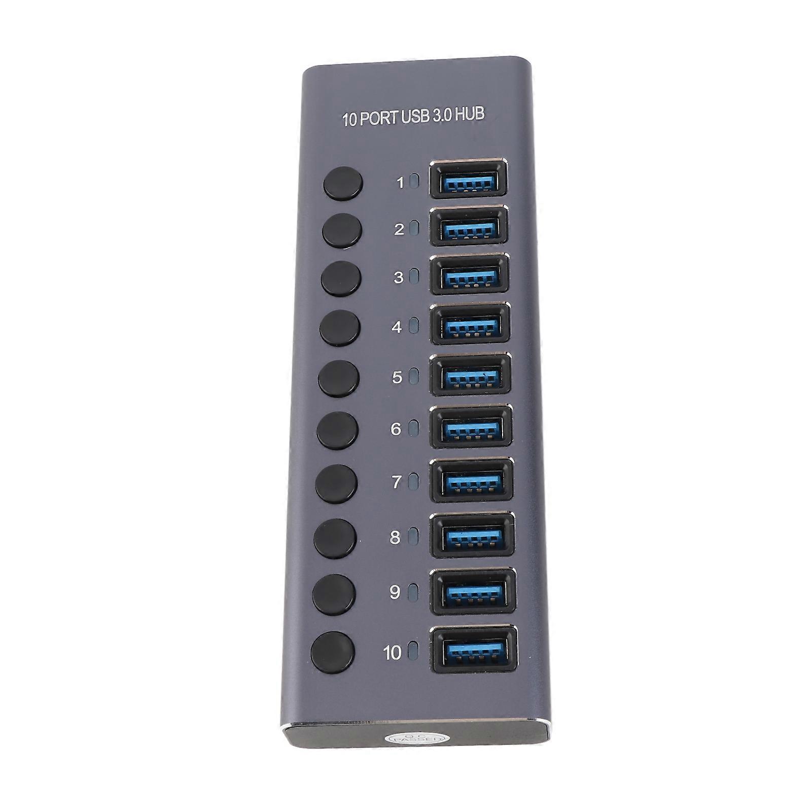985A 10 Port USB 3.0 Hub USB Splitter Hub USB Docking Station 300MB/S High Speed Transmit with Individual Switches 12V 5A Power Adapter for Laptop PC