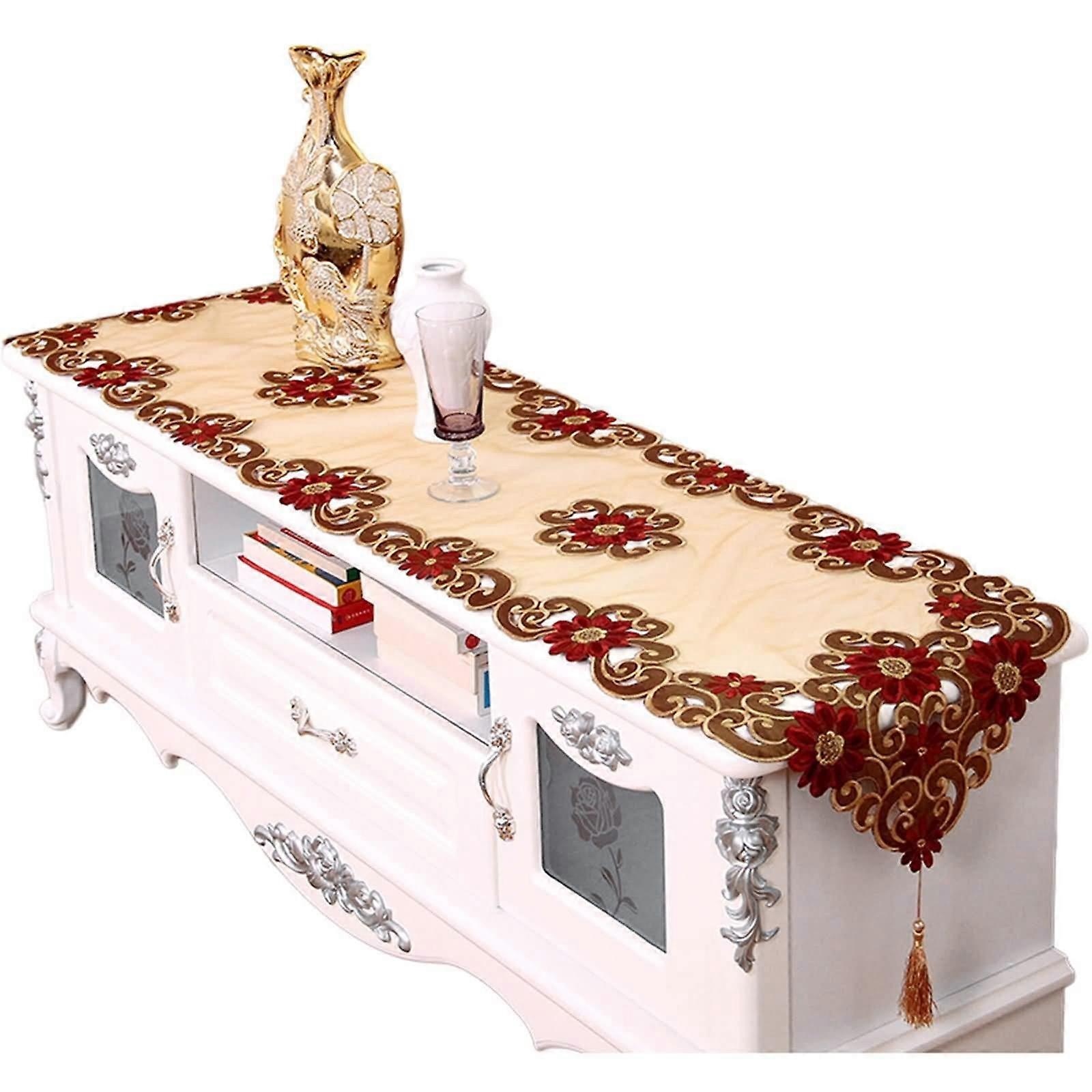 Small Table Runner Rectangular 40x200 Cm Polyester With Tassel Hollow Embroidery Flowers Yellow Red