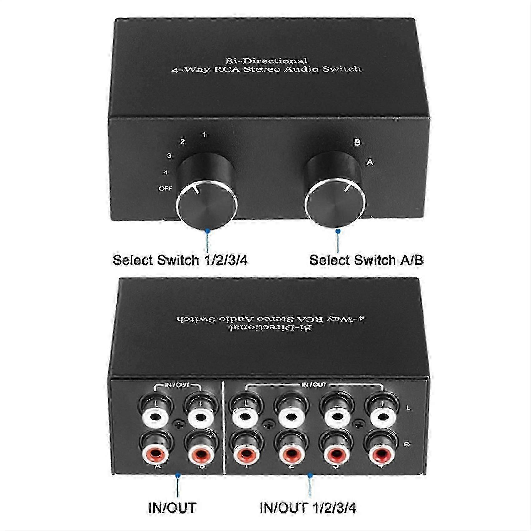 Bi-Directional 4-Way RCA Stereo Audio Switch L/R Sound Channel Audio Switcher,2 in 4 Out or 4 in 2 A-M