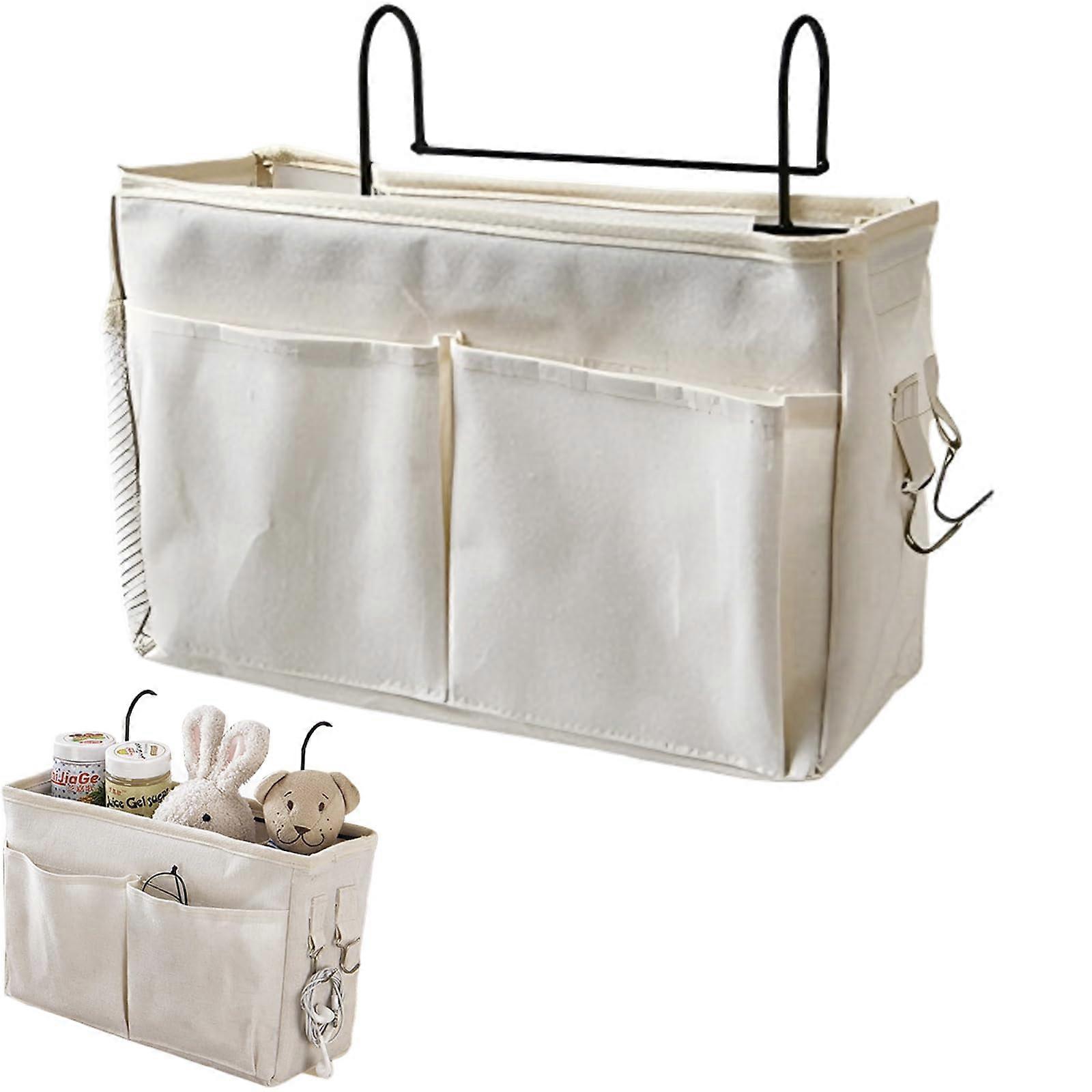 Bedside Hanging Storage Organizer  Dorm Fabric Pocket With Metal Hooks, MultiPurpose Book And Magazine Storage, Beige