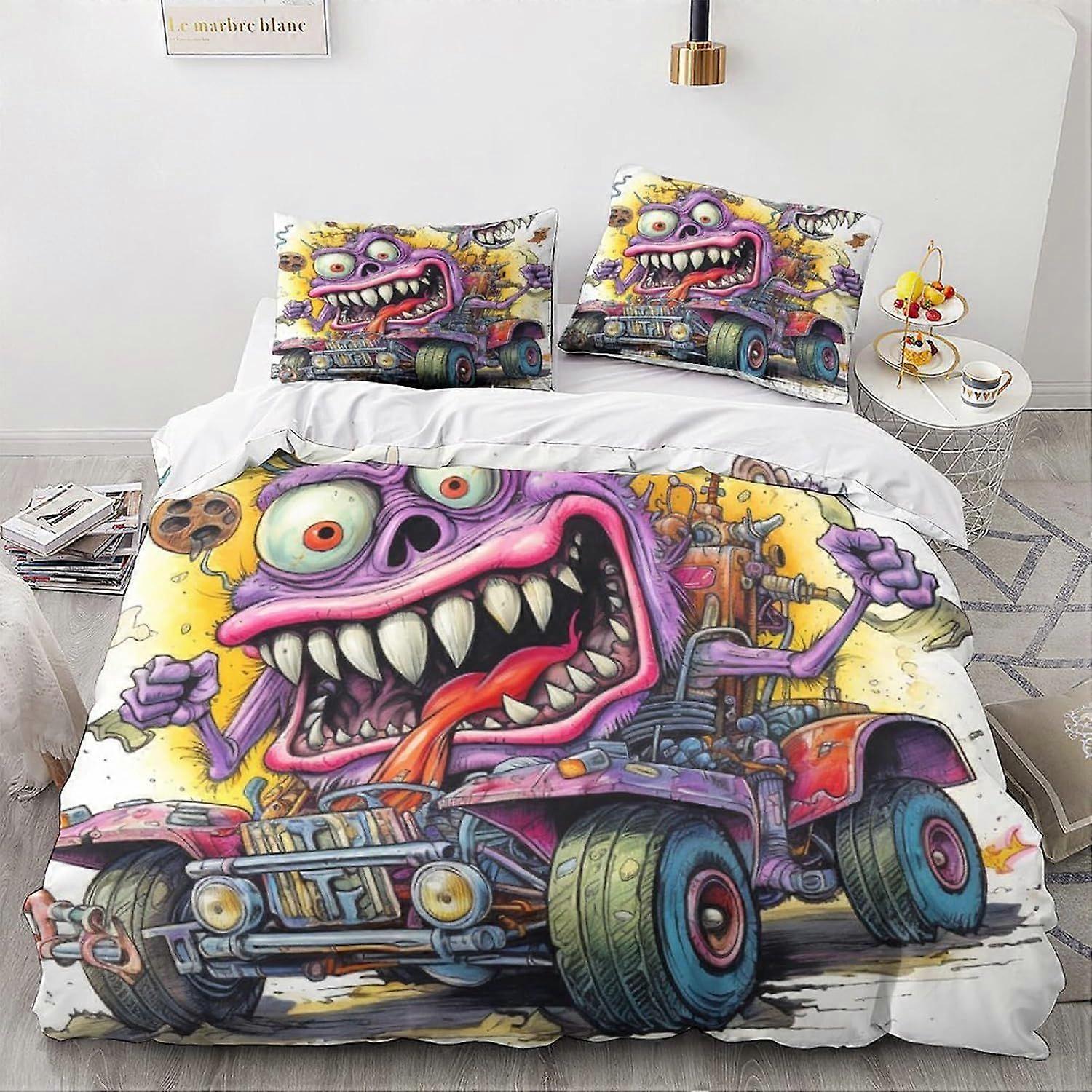 LikeEj 3D impresso vintage carro monstro capa edredom com fronhas desenhos animados jogo de cama com zíper fechamento macio de microfibra colcha de capa dupla