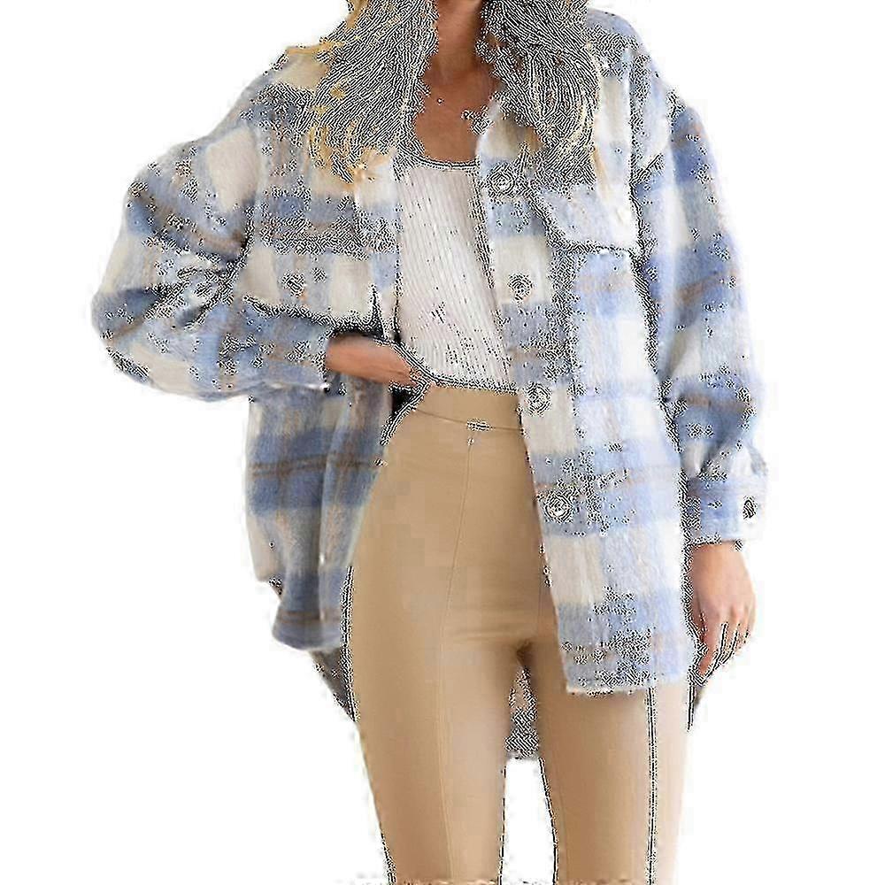 Oversized Wool Shacket for Women - Winter Plaid Flannel Long Sleeve Jacket