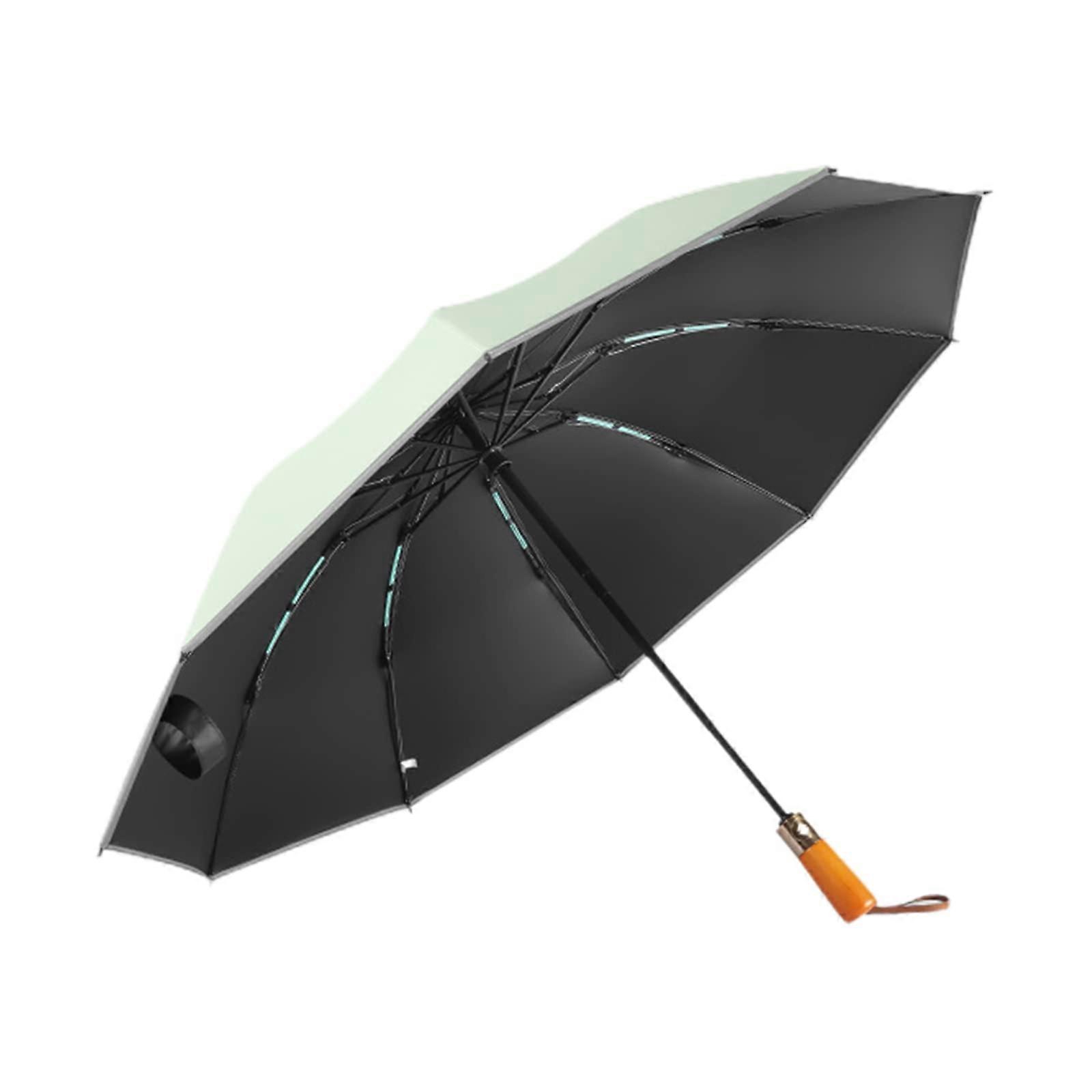Travel Umbrella Windproof Inverted Folding Compact Auto Open Close AntiUV with Wooden Handle Green
