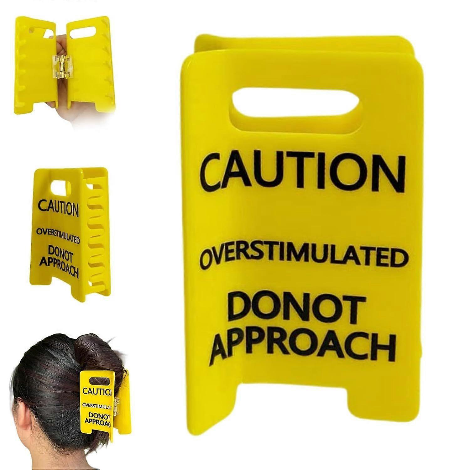 unbrand Caution Overstimulated Sign Hair Claw Clip Humorous Caution Sign Hair Clip Funny Yellow Hair