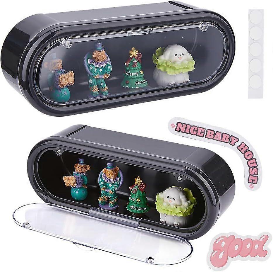2Pcs Wall Mounted Figures Display Case 30x9.5x11.5cm Rectangle Plastic Display Box Black Dustproof Showcases with Carabiner and Stickers for Minifigur