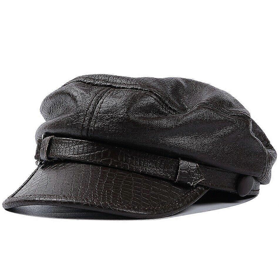Men's Genuine Cowhide Flat Military Flat Beret Hats Solid Octagonal Peaked Caps