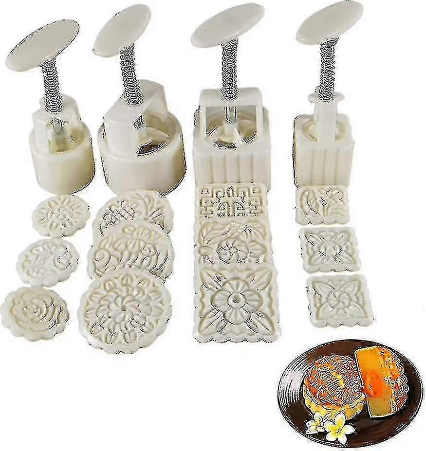 Kitchen Tool for Mooncakes, 4 Mould Set with 12 Embossing Stamp Patterns