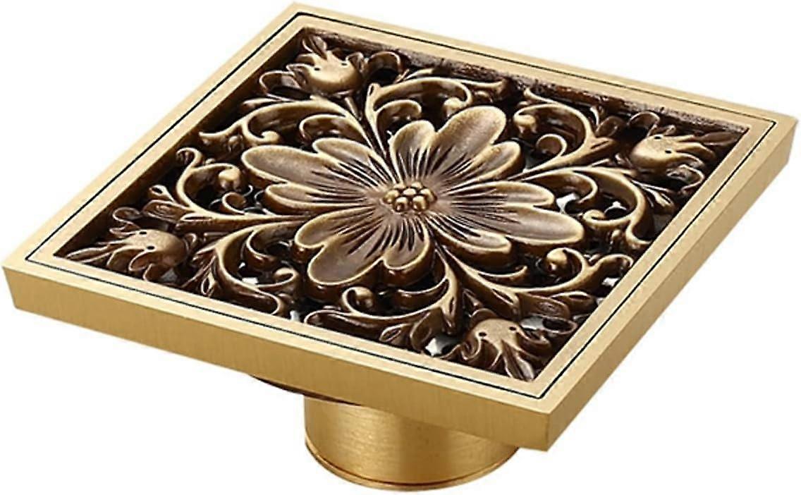 Antique Brass Floor Drain Cover Square Shower Grate with DoubleLayer Filter for Hair Control