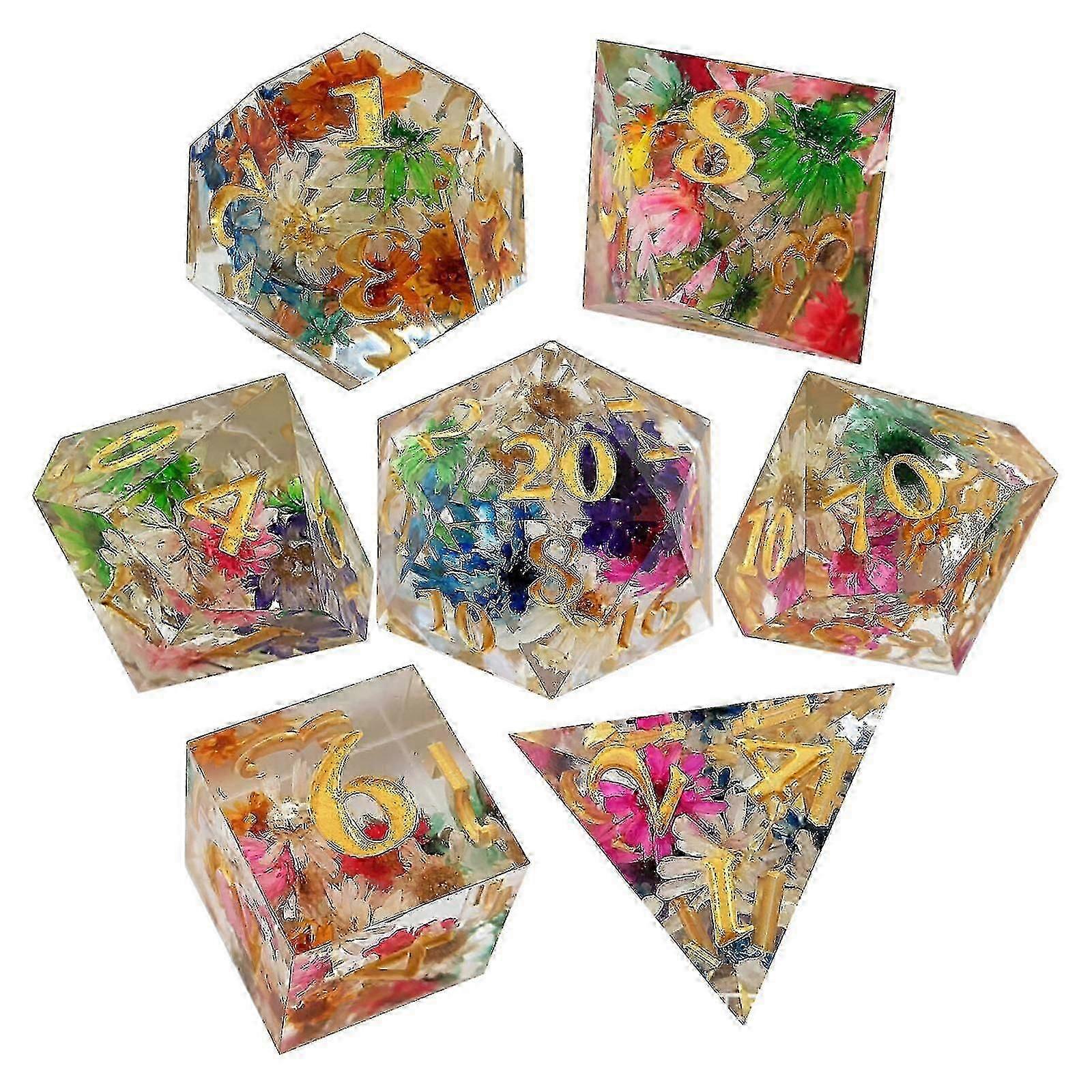 7x Polyhedral Dices Set Transparent Flower Engraved Game Dices For