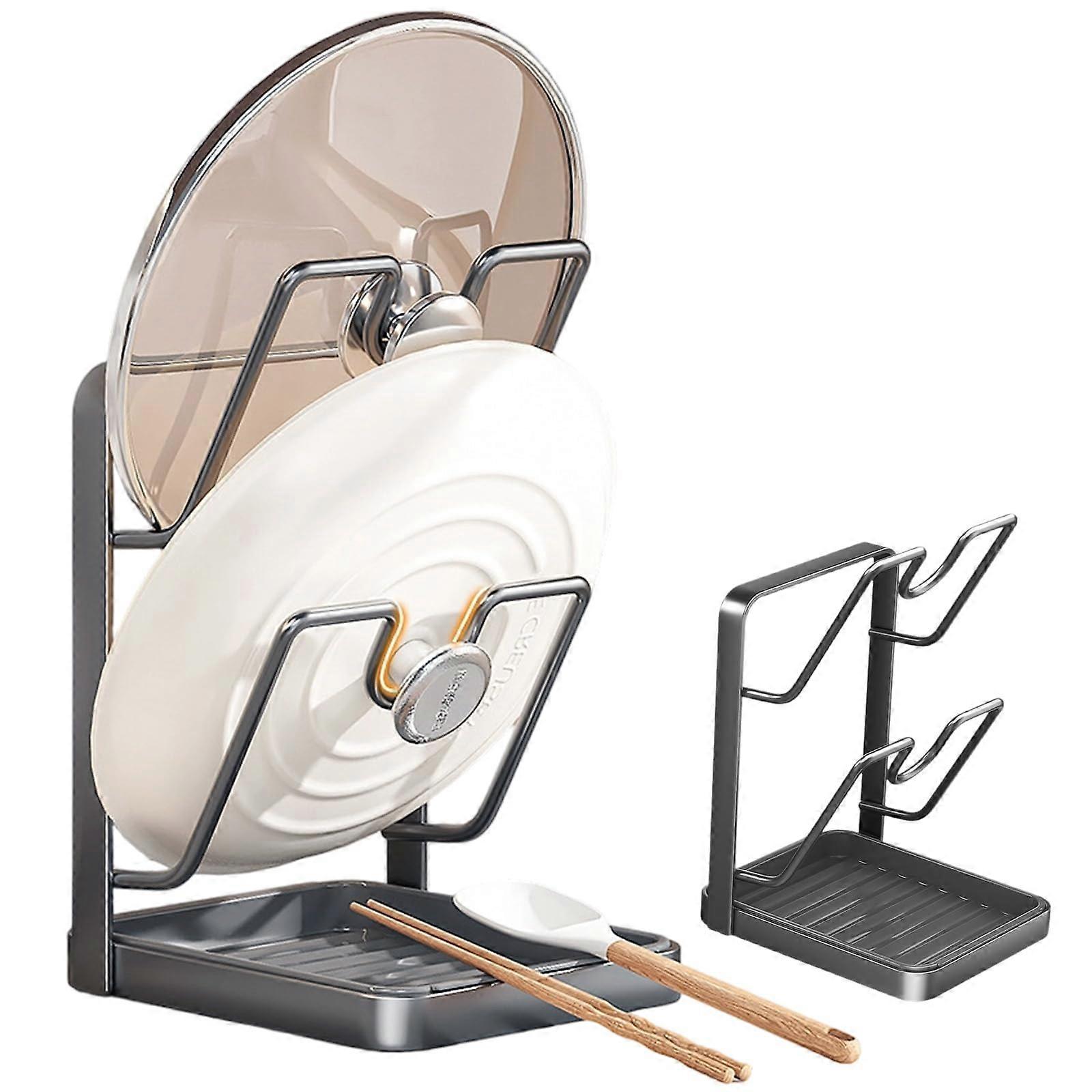 Pot Lid Organizer with Removable Drip Tray, SpaceSaving Countertop Holder Stand, Gray Double