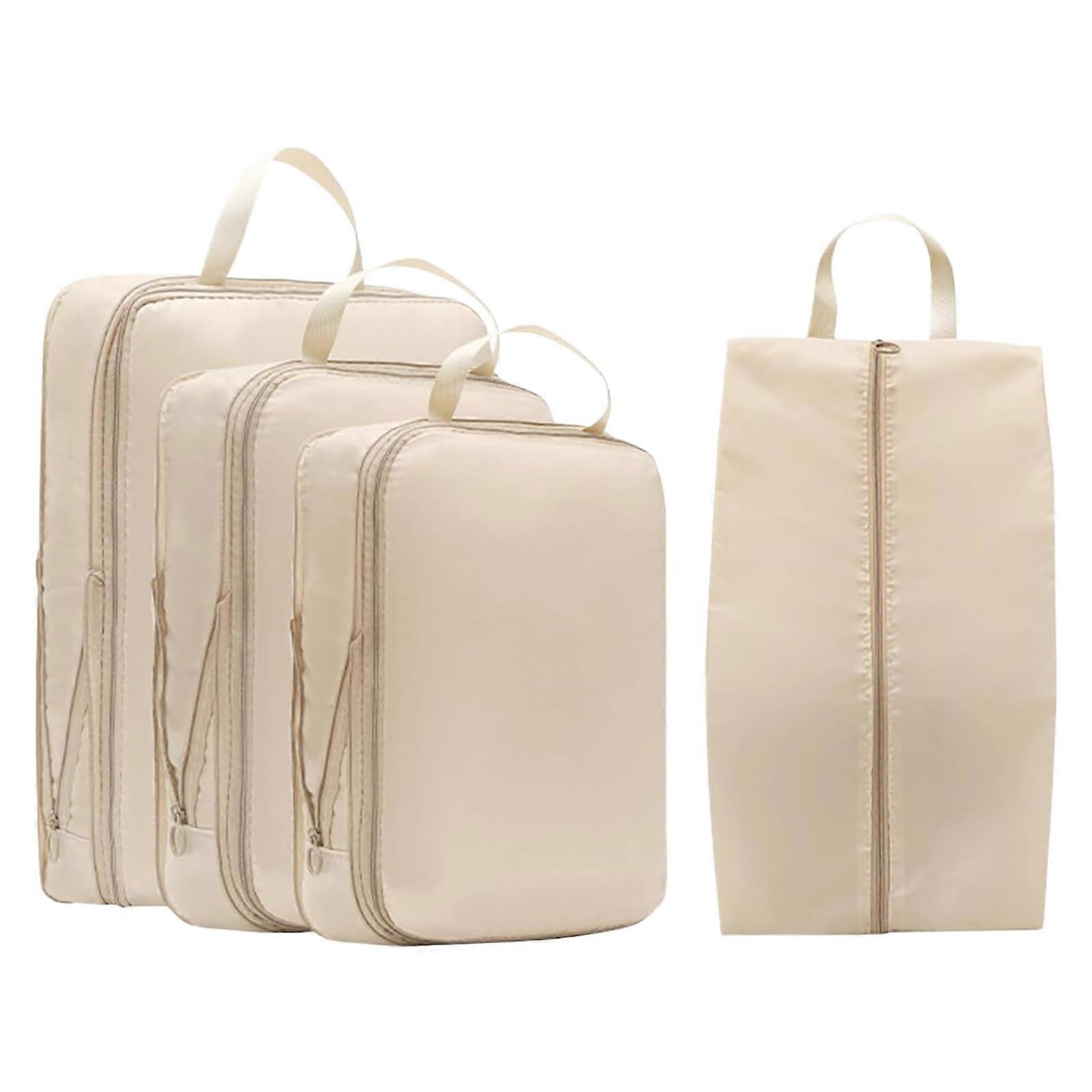 Compression Packing Cubes Set 4pcs SpaceSaving Waterproof Expandable Luggage Organizer Beige