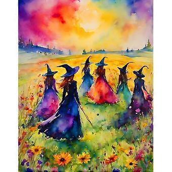 O Quebra-Cabeça Reunião de Bruxas para Adultos e Famílias é uma imagem em aquarela de bruxas reunidas em um campo florido.
