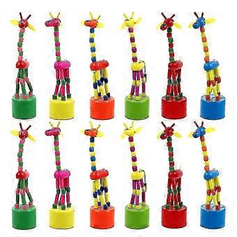 Hot Style 12st Trä Djur Giraff Figur Push Up Leksak - Dansande Djur Finger Puppet