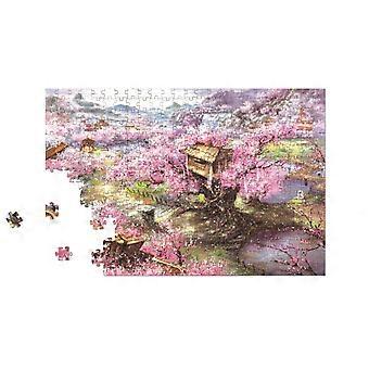 Holzpuzzle mit 1000 Teilen für Erwachsene, Motiv: Sakura Town mit detaillierten Sakura-Illustrationen