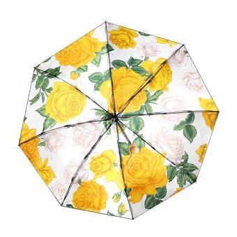 Compact Folding Umbrella Yellow with 8 Ribs, UV Protection Double Layer and Floral Print