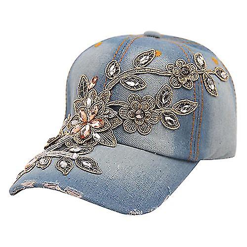 Kadın Kabartma Çiçek Denim Beyzbol Şapka Yaz Rhinestone Kakma Kot Şapka