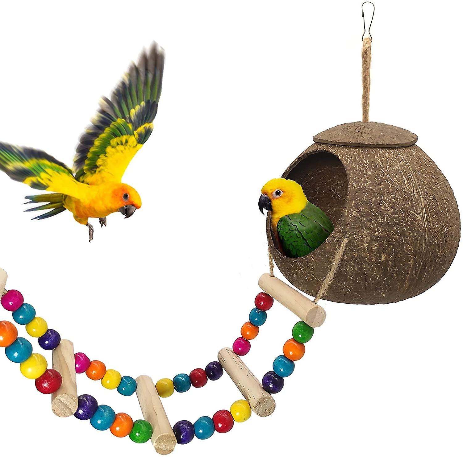 Safe Non Toxic Bird Toys Parrot Coconut Shell Bird Nest Hamster Squirrel Breeding Warm Ladder