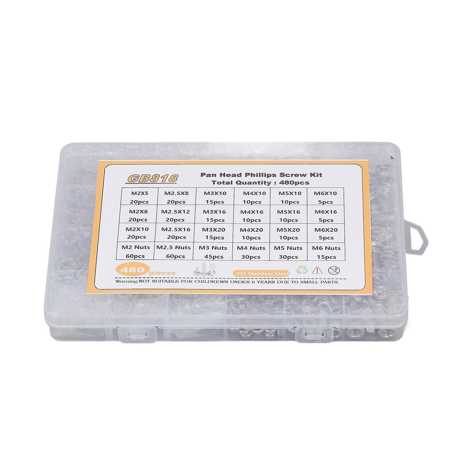 480Pcs 304 Stainless Steel Phillips Pan Head Screws Washer Nuts Assortment Kit M2, M2.5, M3, M4, M5, M6