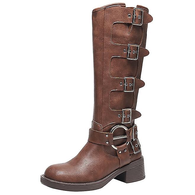 Square Toe Chunky Heel Biker Boots Women's Knee High Riding Boots
