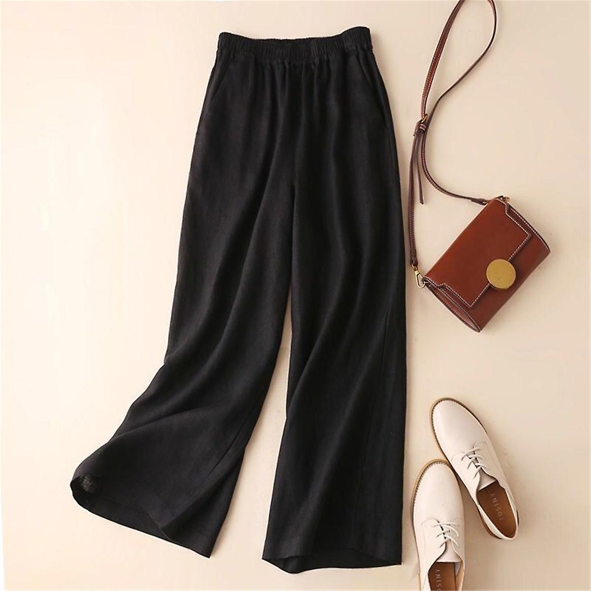 Spring Summer Solid Color Casual Wide Leg Pants Women Elastic Waist Cotton Linen Pants Female Comfortable Soft Loose Trousers