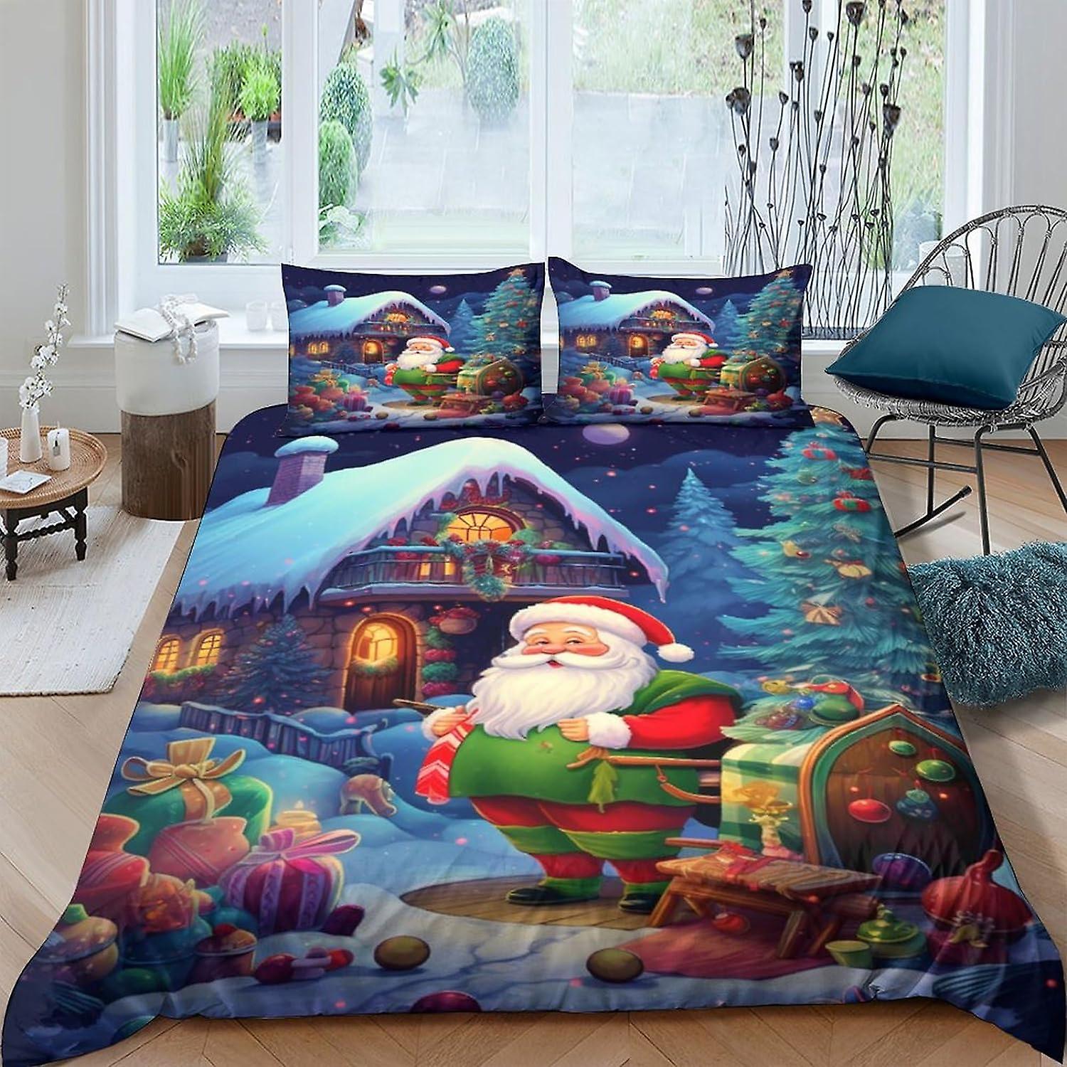 VCLUST Santa Claus Påslakan 3D-design Mjuk Bekväm Andningsbar Täcke Täcke Täcke Flickor Pojkar Sängkläder Med Kudde 3 Stycken Mjuk Microfib