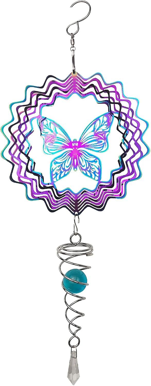 SQCLVButterfly Wind Spinner with Tail Spinner, 3D Gradient Color Garden Spinner with Ball Spiral Tail, Metal Hanging Wind Chime for Indoor Outdoor Gar
