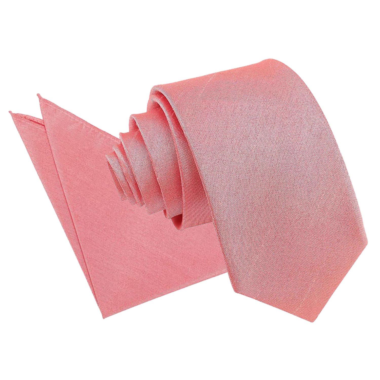 Salmon Pink Plain Shantung Slim Tie and Pocket Square Set