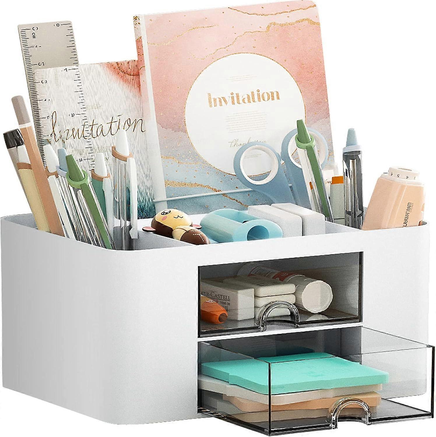 Pen Organizer with 2 Drawer, Multi-Functional Pencil Holder for Desk, Desk Organizers and Accessories with 5 Compartments + Drawer for Office Art Supp