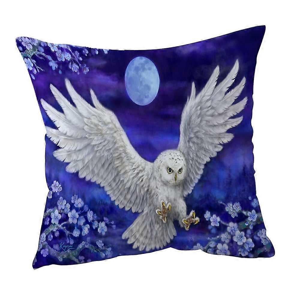 Purple Skies Moon Flowers and White Owl Cushion Cover