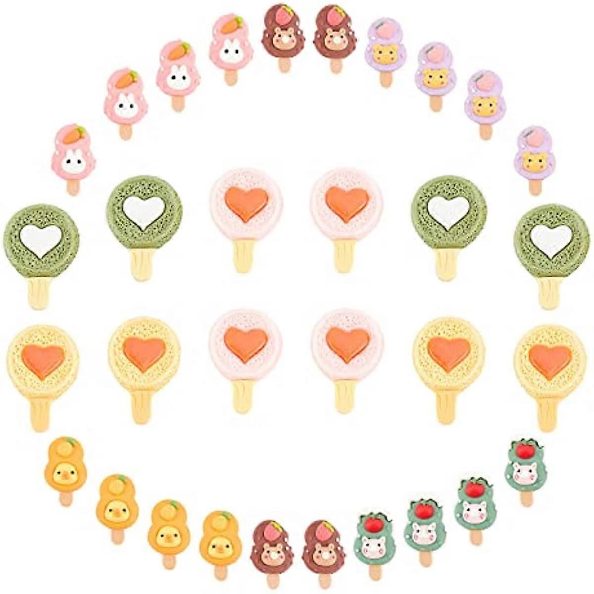 1 Box 32Pcs 8 Styles Ice Cream Resin Charms Colorful Food Dessert Lollipop Cabochons 3D Flatback Heart Duck Rabbit Buttons for Hair Clips Scrapbooking