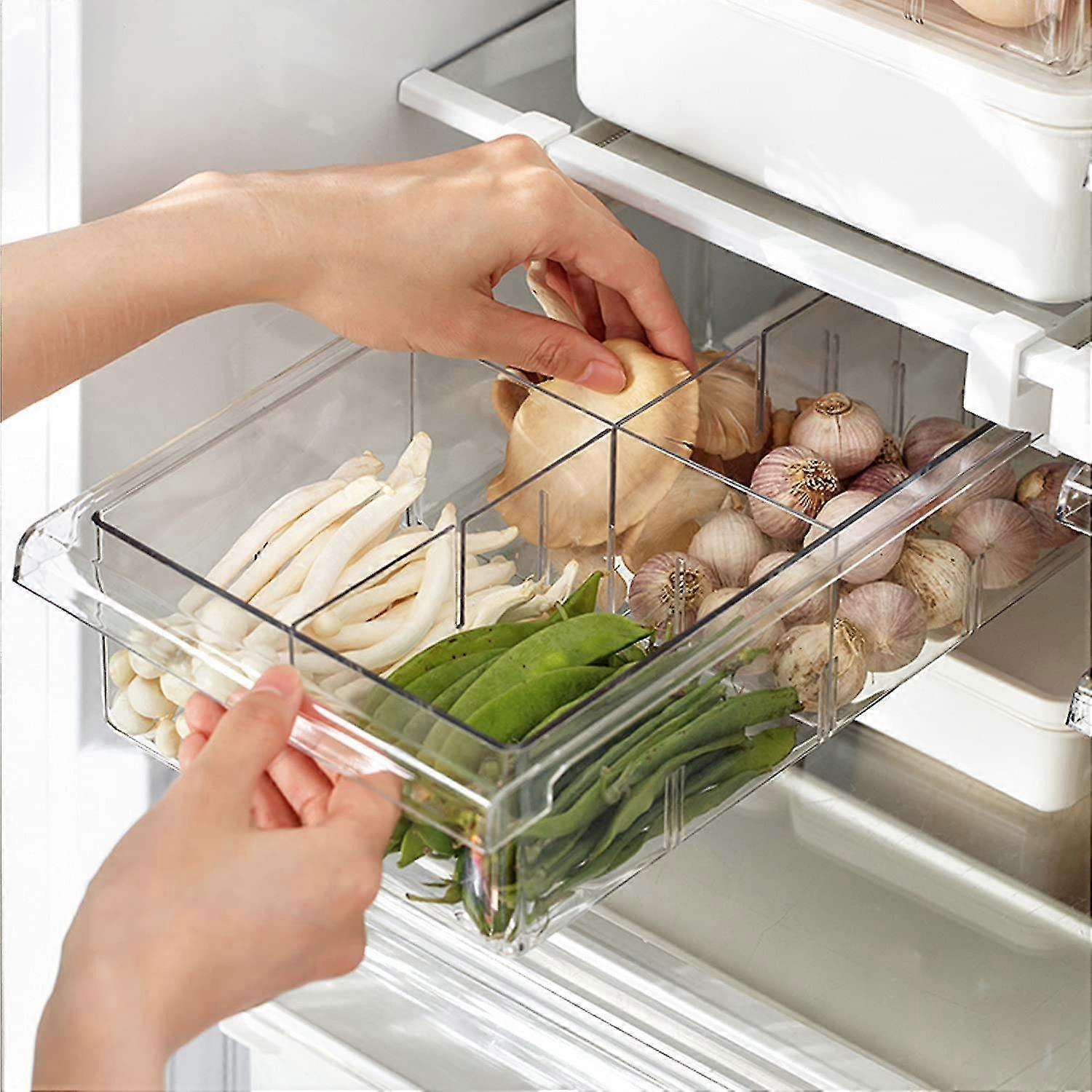 Organizzatori per frigorifero, contenitori per cassetti del frigorifero con guida scorrevole regolabile, contenitore unico per ripiano del congelatore con 2 piastre divisori (1 confezione)