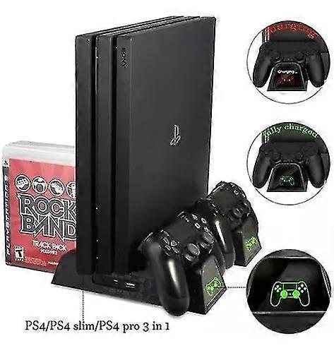 Ps4 مروحة تبريد ستاند ل Ps4 سليم / ps4 برو / بلاي ستيشن 4 ، ps4 برو حامل عمودي برودة مع محطة شحن مزدوجة تحكم و 16 لعبة التخزين ، ps4