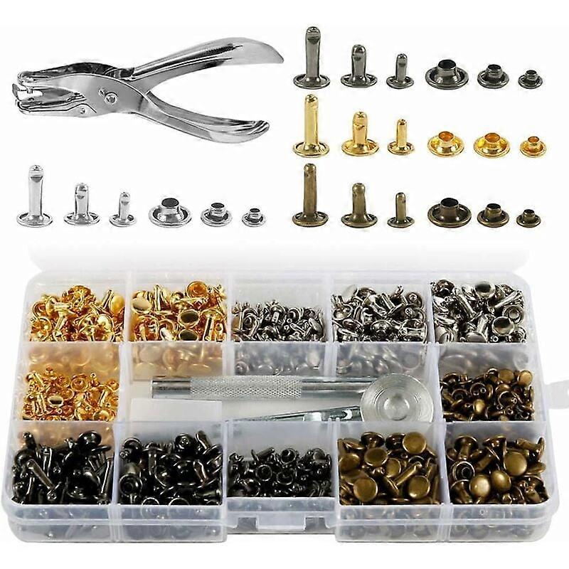 480 Leather Rivets Set Double Cap, Metal Tubular Rivet 3 Sizes with Punch Pliers and 3 Pieces Fixing Tools