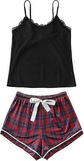 Women's Pajama Set Plaid Print Slip Top and Elastic Waist Cropped Pajama Set Red Blue 3xl