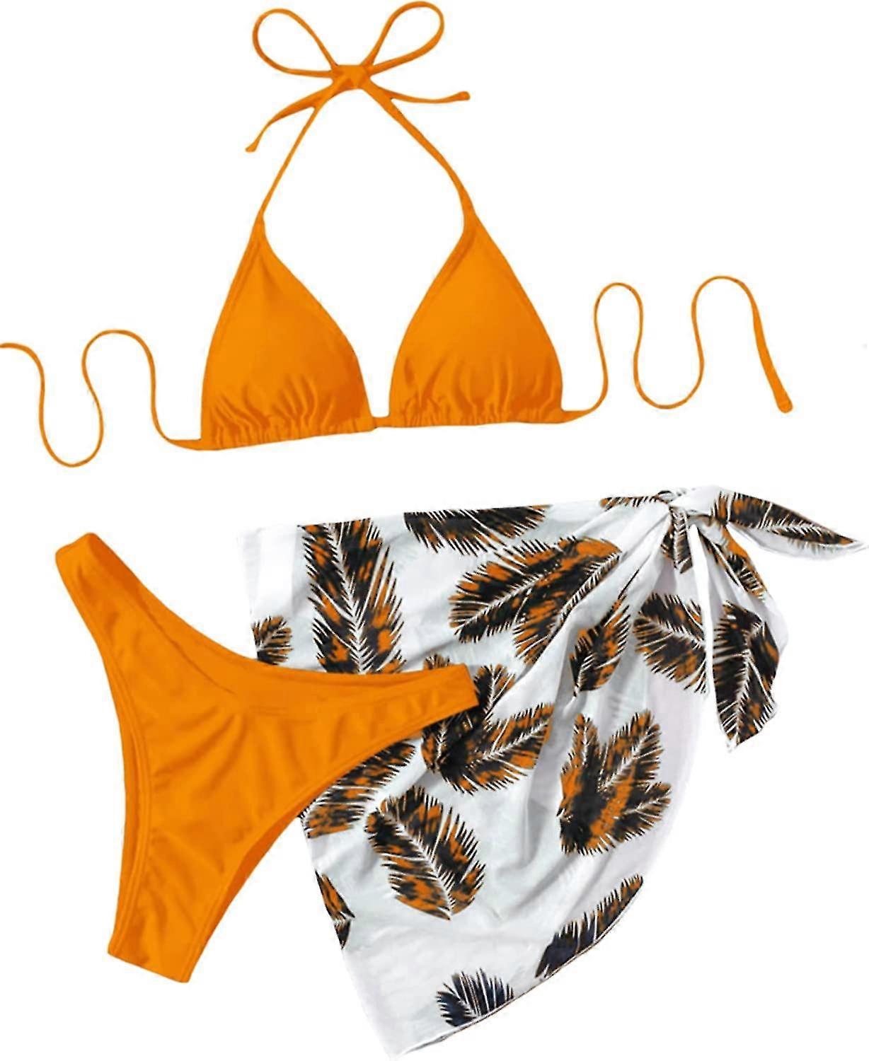 Women's 3 Piece Swimsuits Sun Print Halter Triangle Tie Side Bikini Bathing Suit
