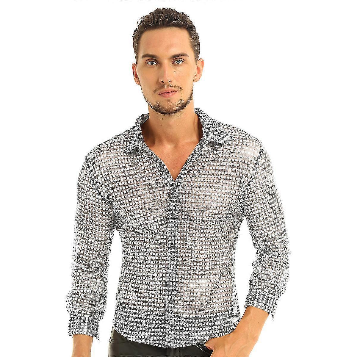 Mäns smokingskjortor Glänsande paljetter Se igenom mesh långärmad klubbkläder för Night Party Show Dancing Performance Top Shirt